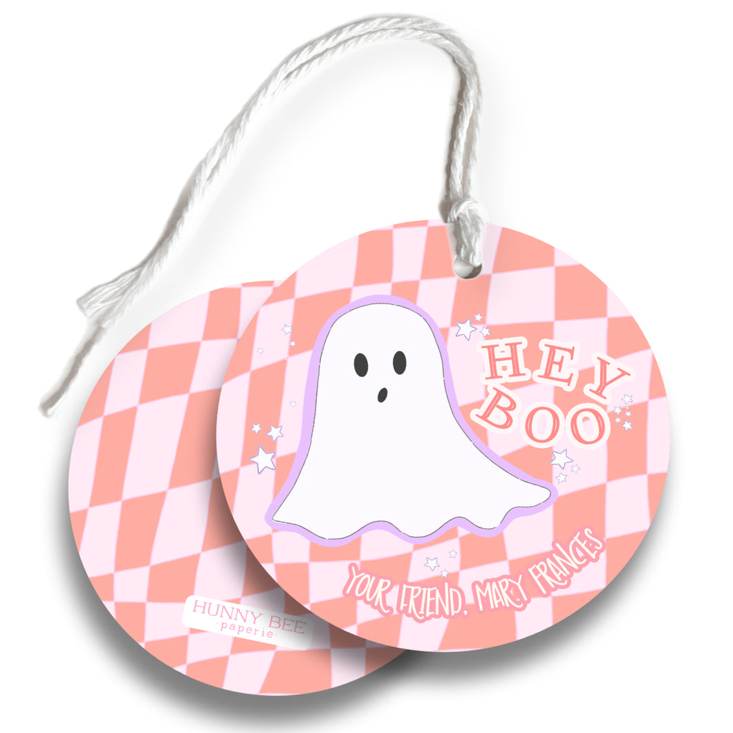 Hey Boo Retro Ghost Halloween Circle Gift Tag & Twine - Pink/Orange