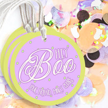 Load image into Gallery viewer, Hey Boo Halloween Circle Gift Tag &amp; Twine - Purple · Chartreuse
