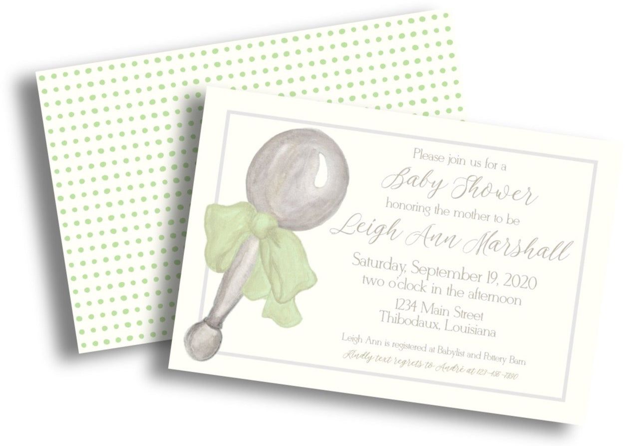 Vintage Baby Rattle Shower Invitation – Hunny Bee Paperie, image size:1258x893
