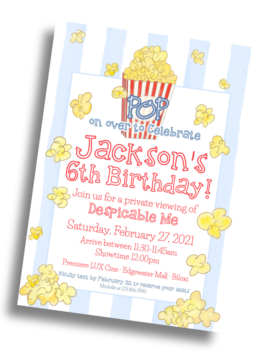 Popcorn Movie Birthday Invitation - Blue