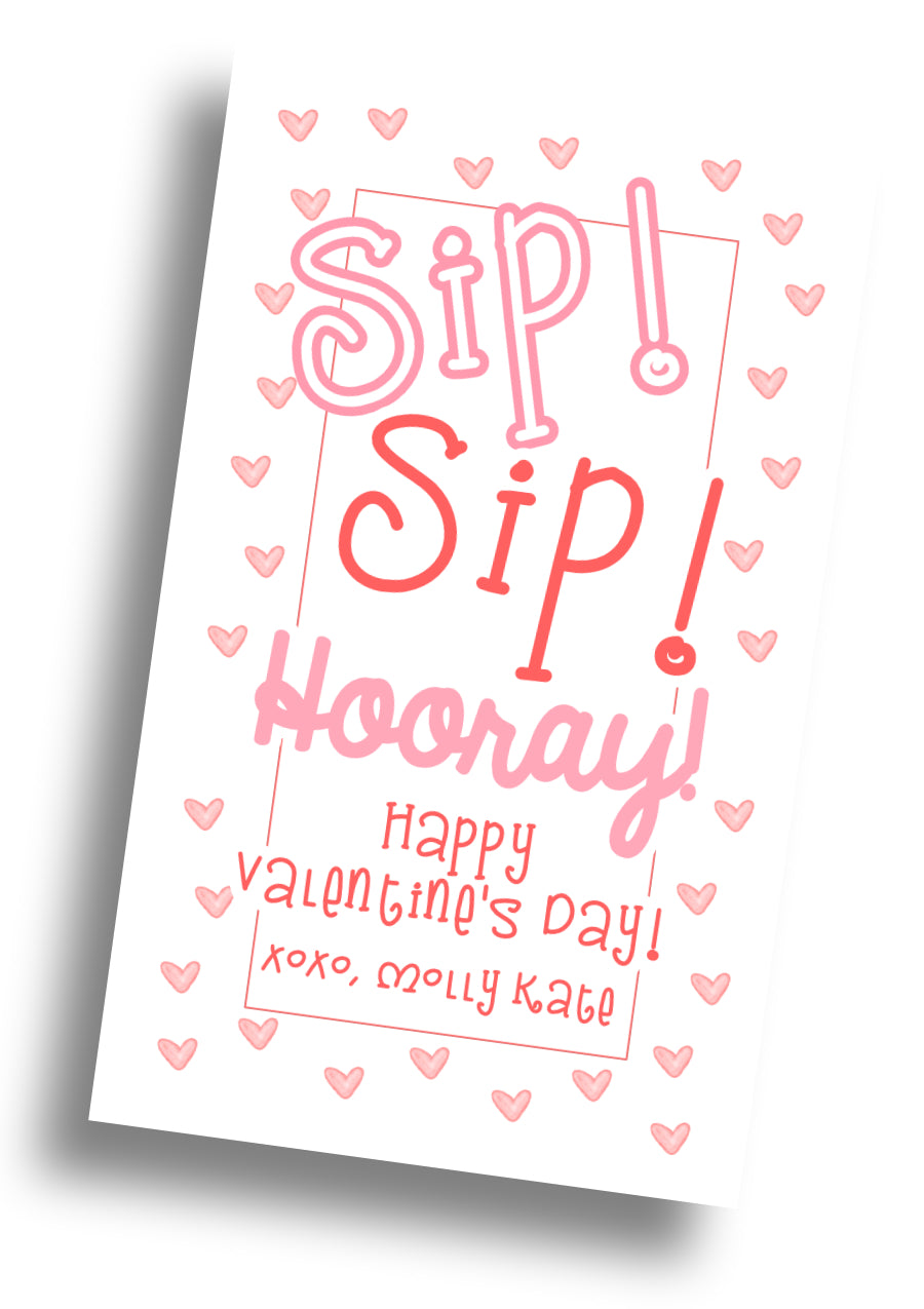 Printed Valentine Sip sip hooray tags or stickers, Set of 25/ Straw